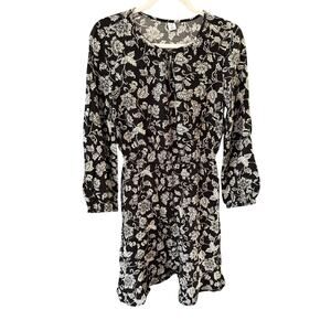 Womens Floral Puff Long Sleeve Waisted Mini Length Dress XS Swing Round Neck